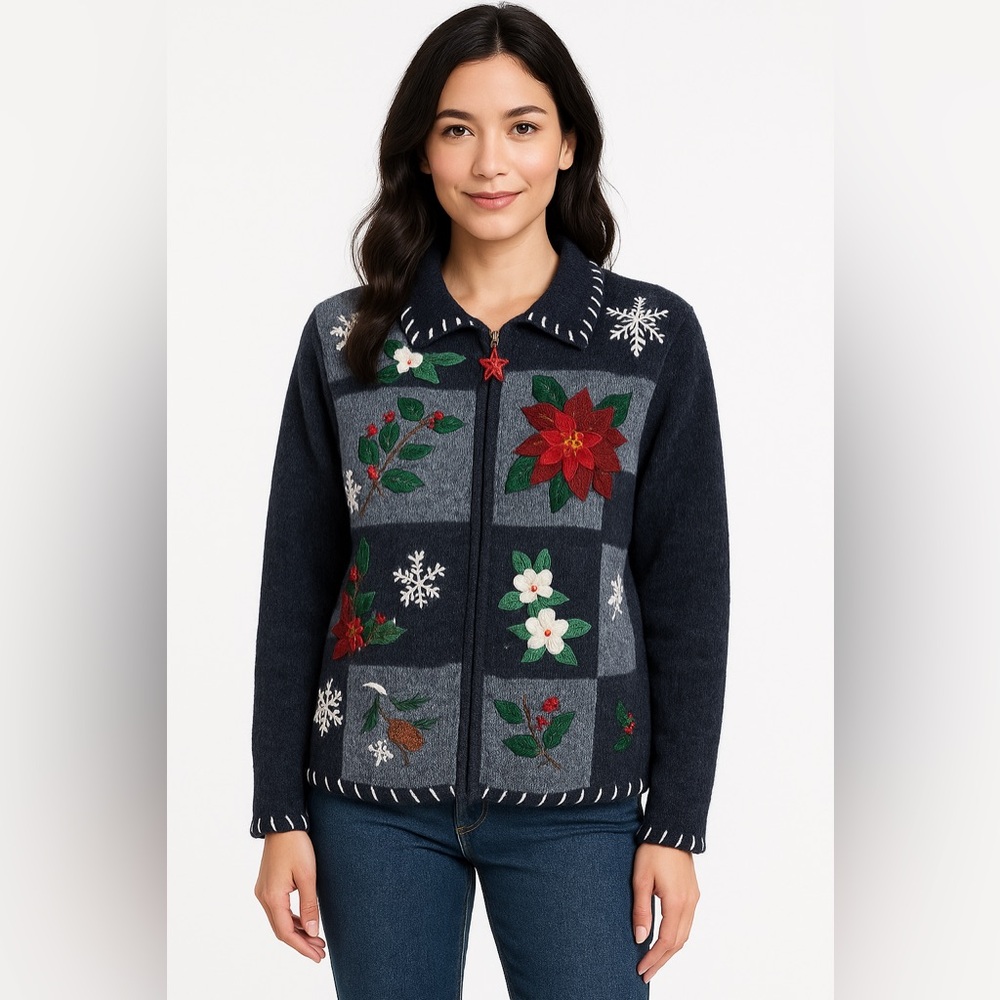 Vintage 90s Tiara International Zip down Christmas Cardigan